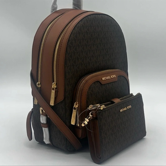 Michael Kors Medium Jaycee Zip Packet Backpack &Double Zip Wallet Wristlet Brown - Picture 2 of 16